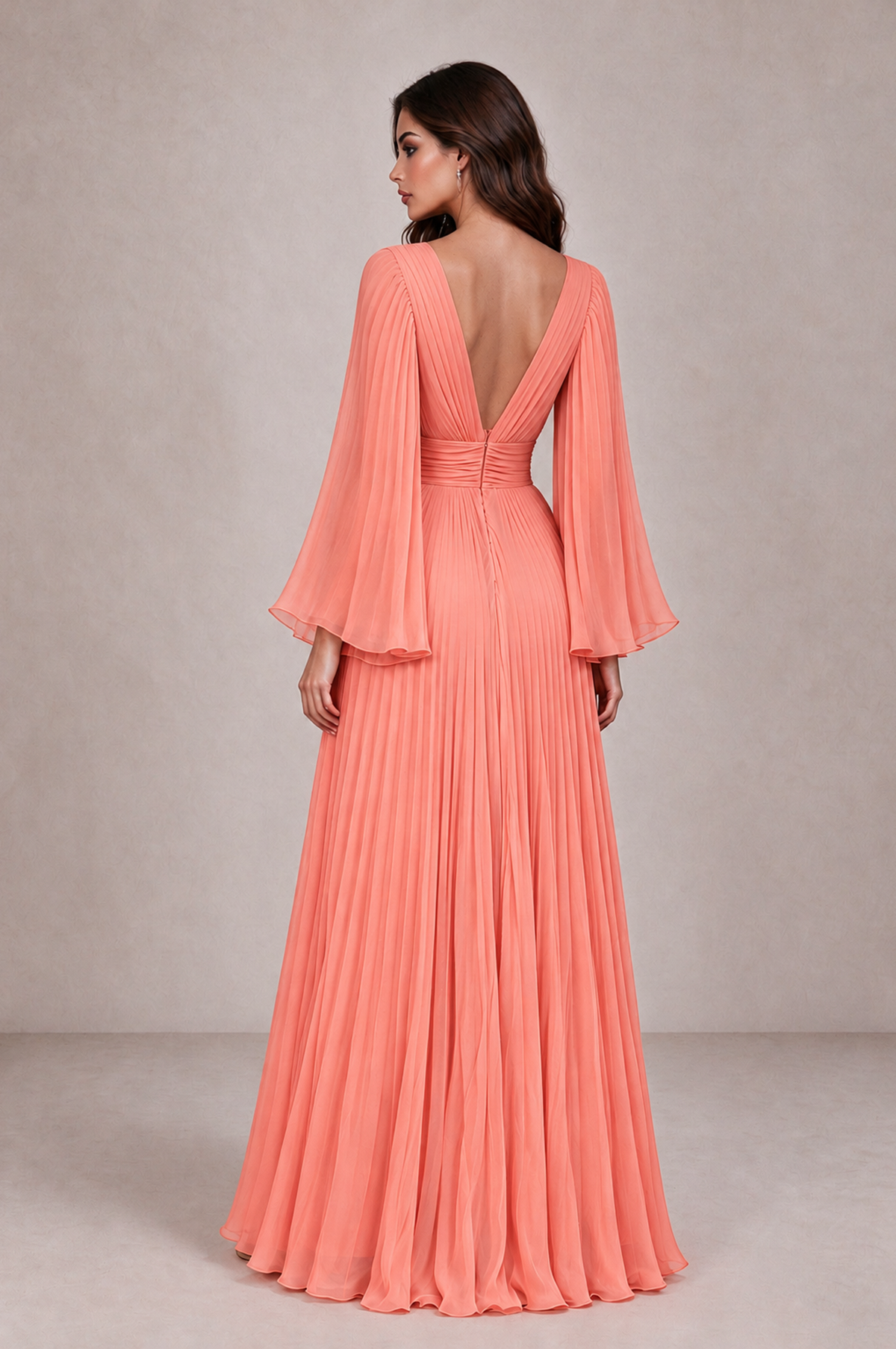 BOLODOO Coral Pleated Deep V-Neck Long Bell Sleeve Evening Dress - Coral - Coral_2