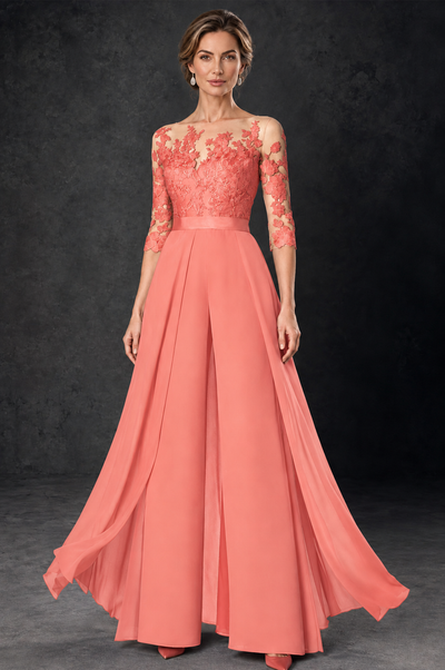 BOLODOO Coral Lace Wide-Leg Jumpsuit with Three-Quarter Sleeves - Coral - Coral_2