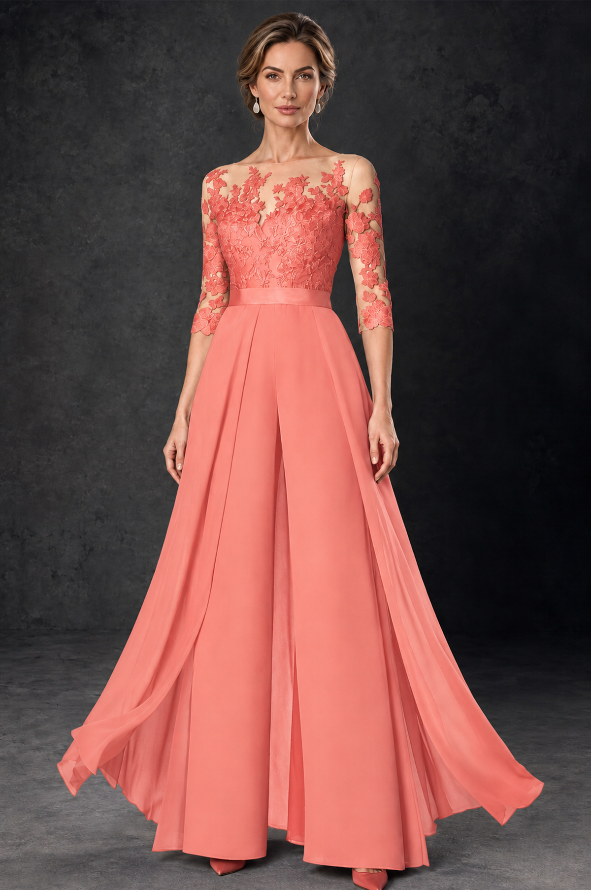 BOLODOO Coral Lace Wide-Leg Jumpsuit with Three-Quarter Sleeves - Coral - Coral_2