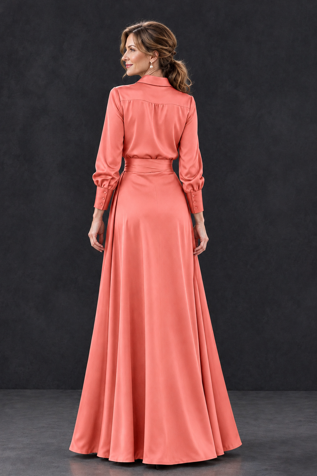 BOLODOO Coral Long Sleeve Satin-Look Lace Panel Gown - Coral - Coral_2