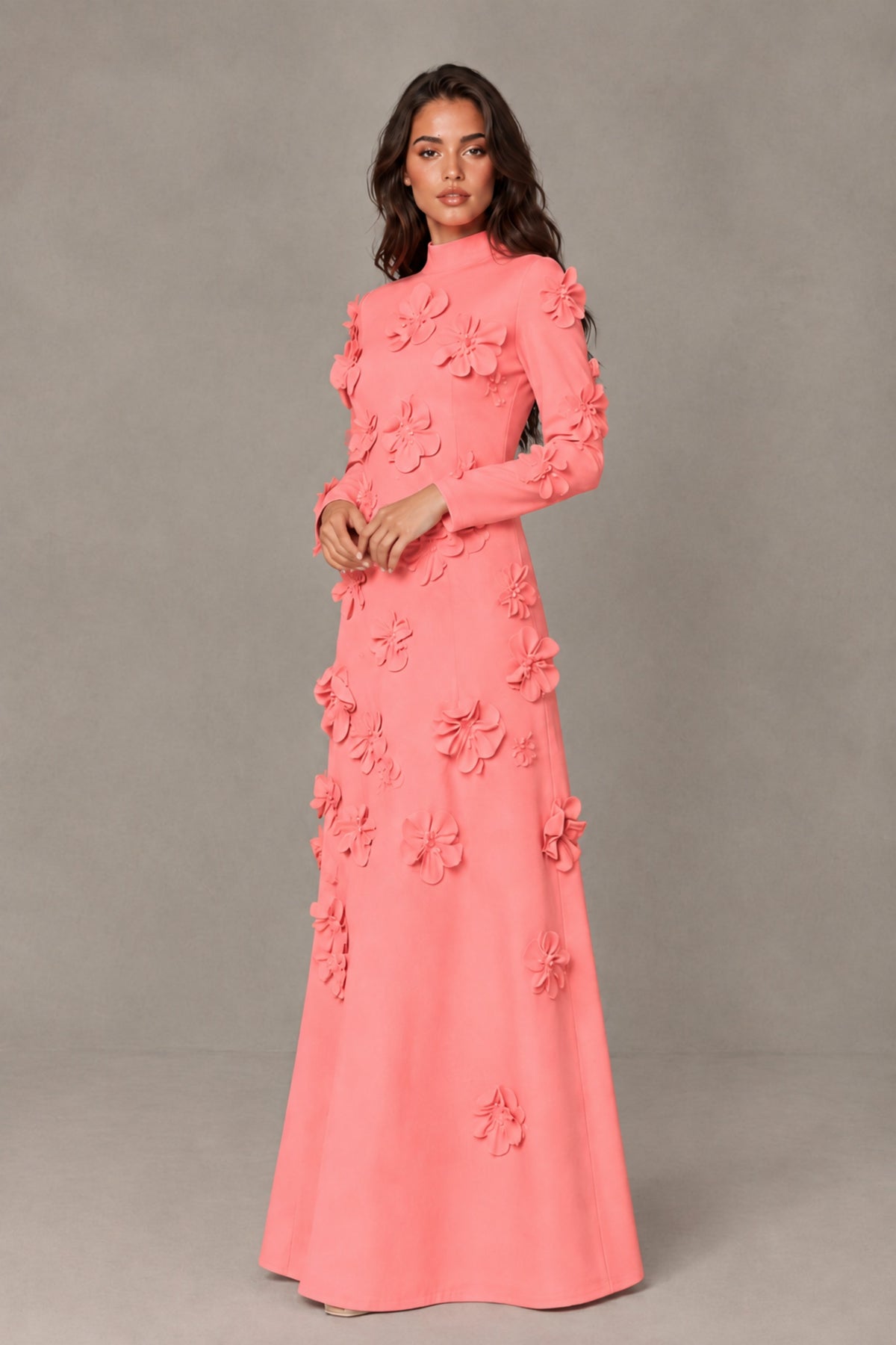 BOLODOO Coral High Neck Long Sleeve 3D Floral Evening Gown - Coral