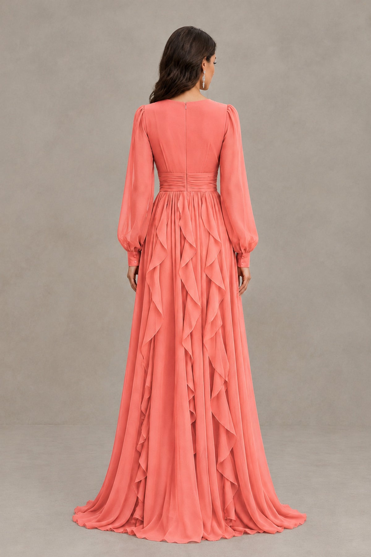 BOLODOO Coral Long Sleeve V-Neck Ruffle Maxi Dress - Coral
