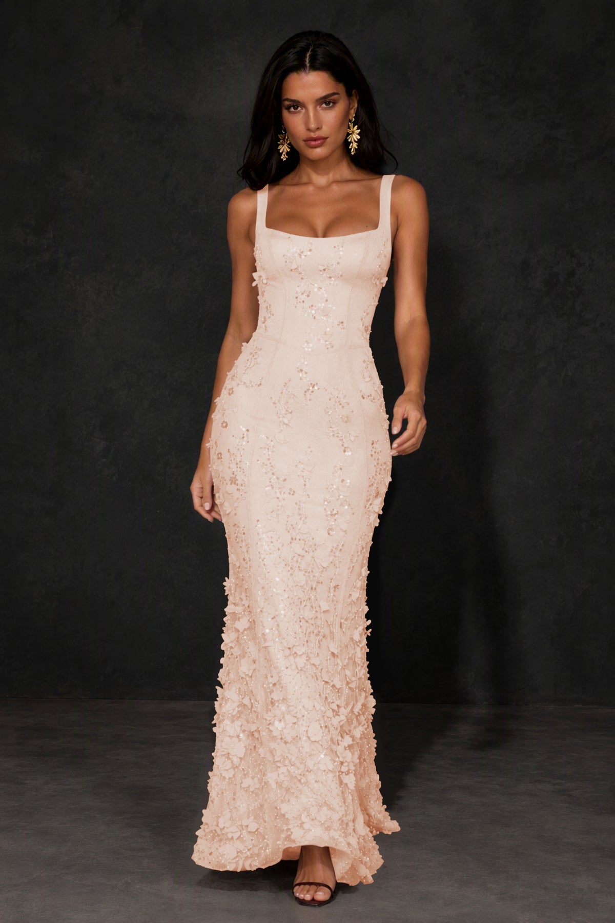 BOLODOO Coral Sequin 3D Floral Mermaid Maxi Gown – Lace-Up Back Formal Dress - Coral