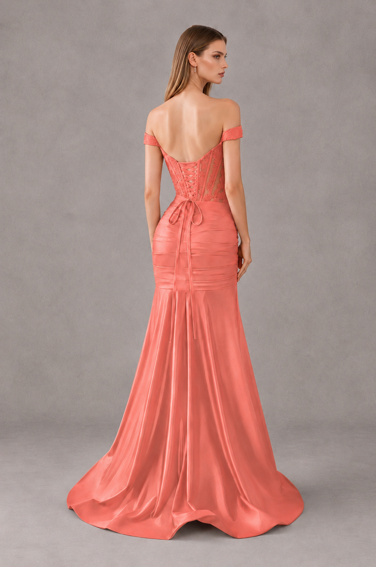 BOLODOO Coral Off-Shoulder Corset Mermaid Prom Dress with Slit Sequin Lace Evening Gown - Coral - Coral_2