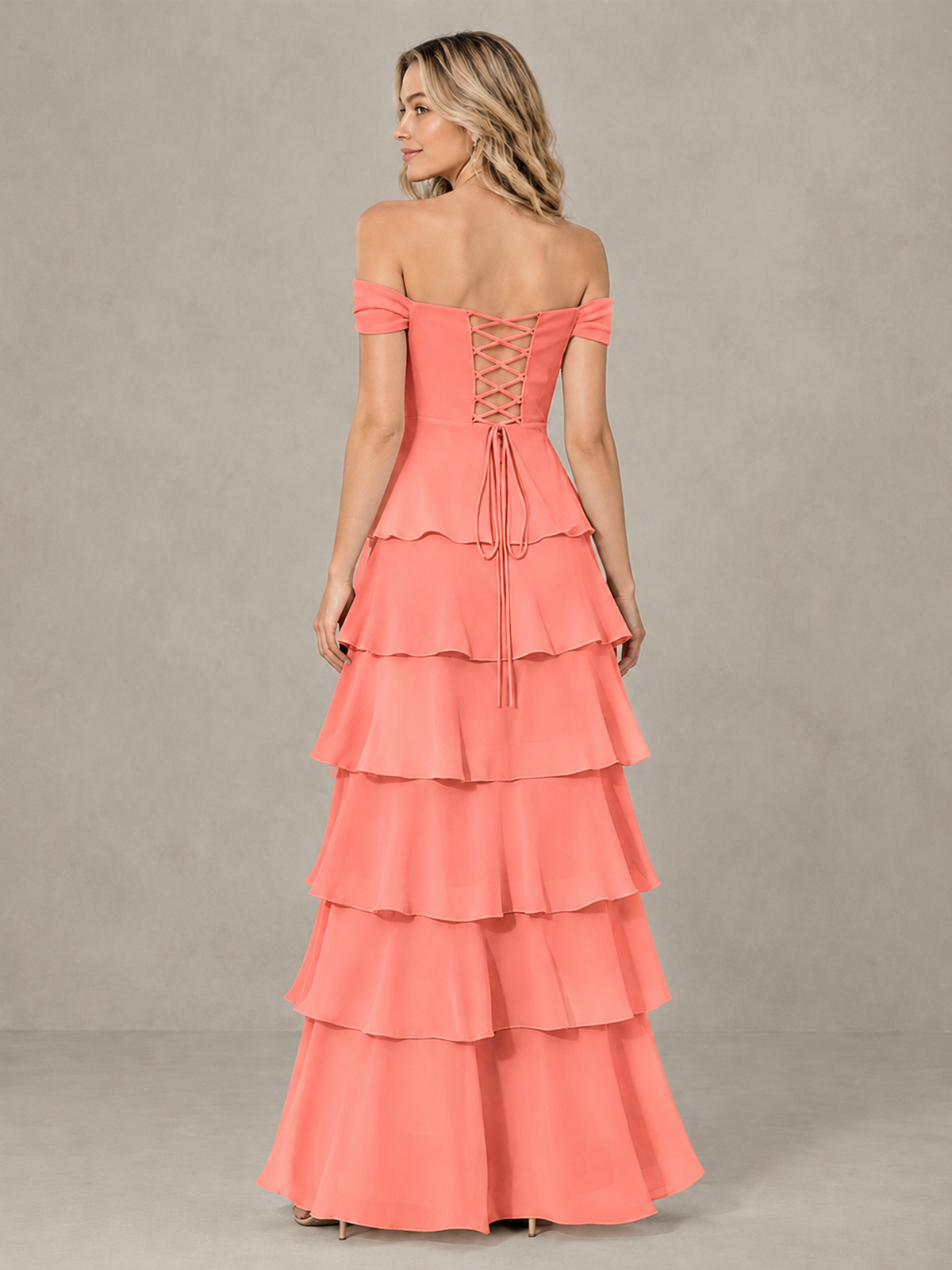 BOLODOO Coral Off-Shoulder Tiered Ruffle Bridesmaid Dress with Lace-Up Back - Coral - Coral_2