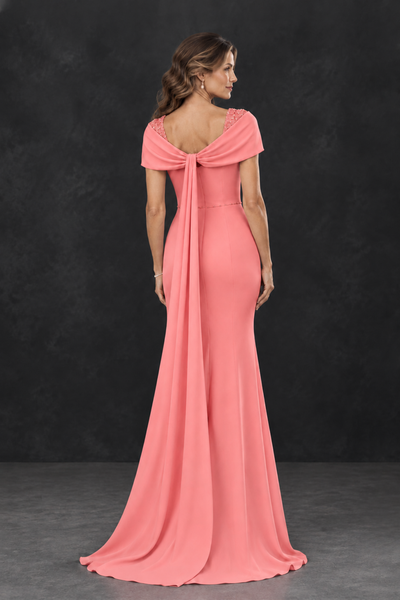 BOLODOO Coral Mother of the Bride Dress with Draped Cape Detail - Coral - Coral_2
