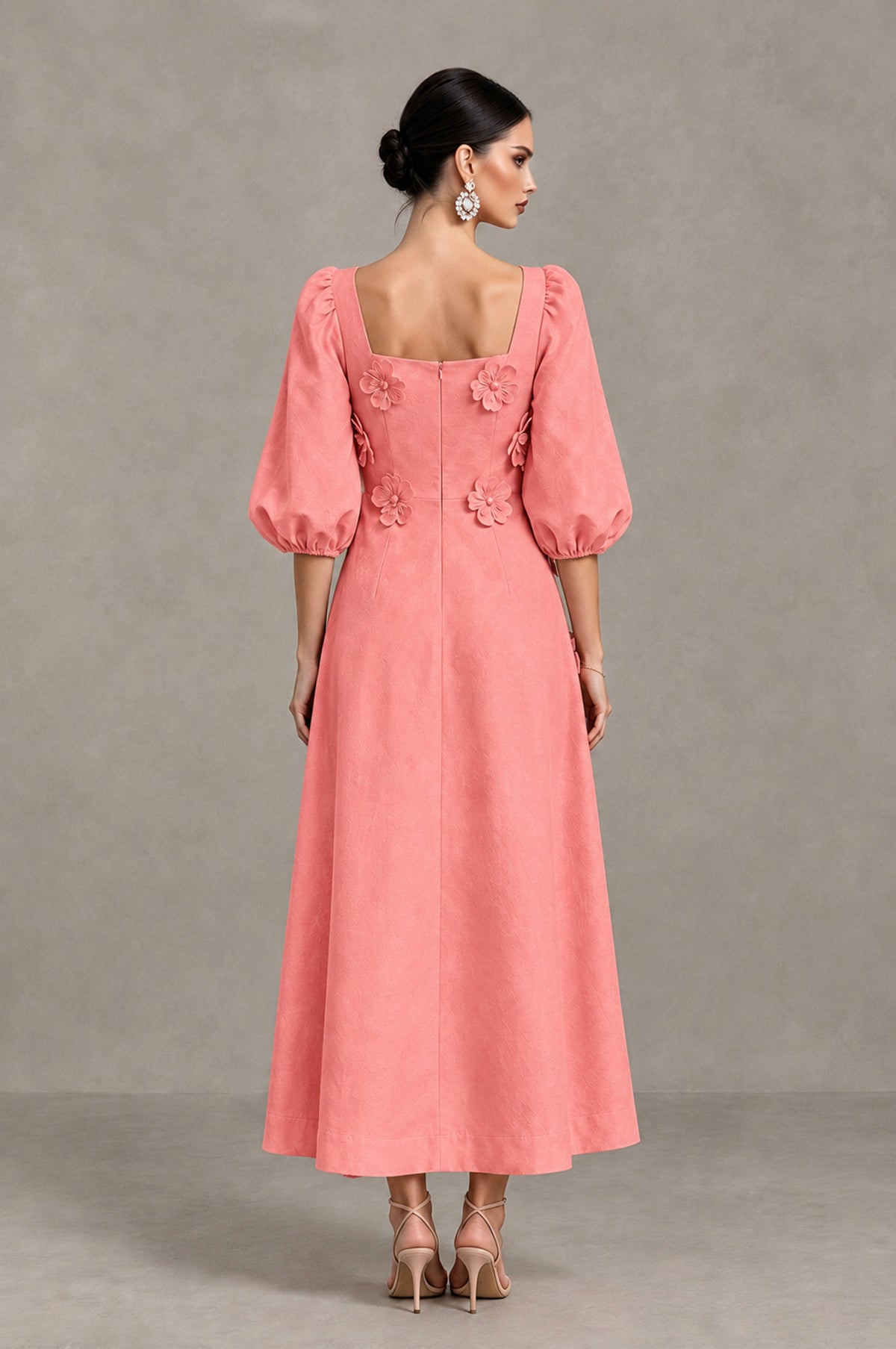 BOLODOO Coral 3D Floral Puff Sleeve Midi Cocktail Dress - Coral - Coral_2