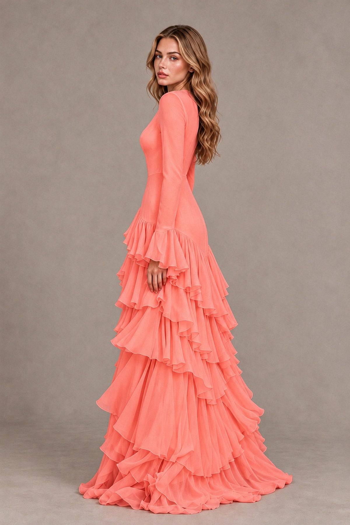 Coral Long Sleeve Tiered Ruffle Evening Gown - Coral - Coral_2