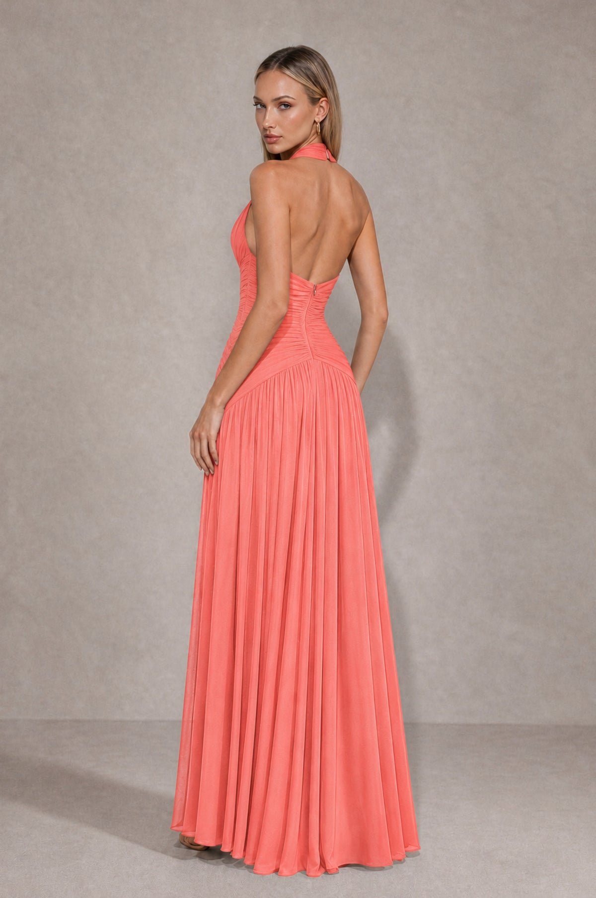BOLODOO Coral Chiffon Halter Deep V-Neck Ruched A-Line Backless Maxi Dress with Train-BD0167 - Coral - Coral_2