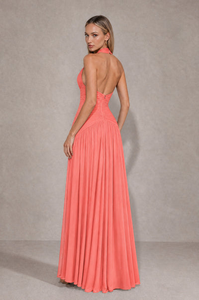 BOLODOO Coral Chiffon Halter Deep V-Neck Ruched A-Line Backless Maxi Dress with Train-BD0167 - Coral - Coral_2