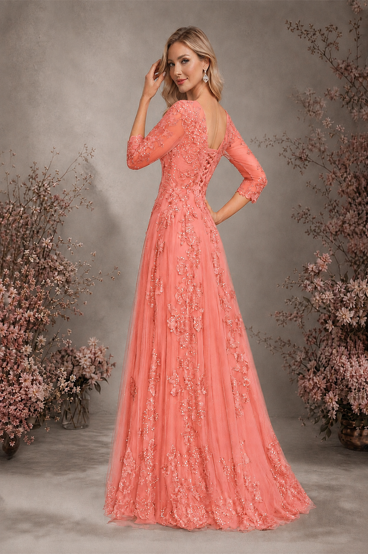 BOLODOO Coral Sequin Lace 3/4 Sleeve Open Back Formal Evening Gown - Coral