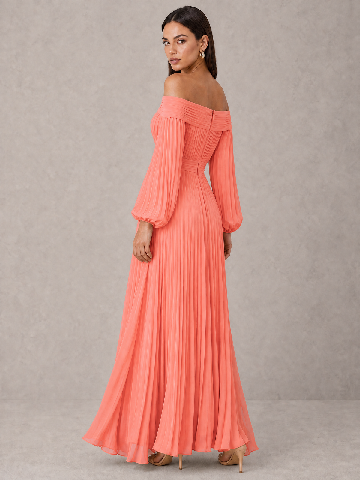 BOLODOO Coral Off-Shoulder Long Sleeve Pleated High-Low Dress - Coral - Coral_2