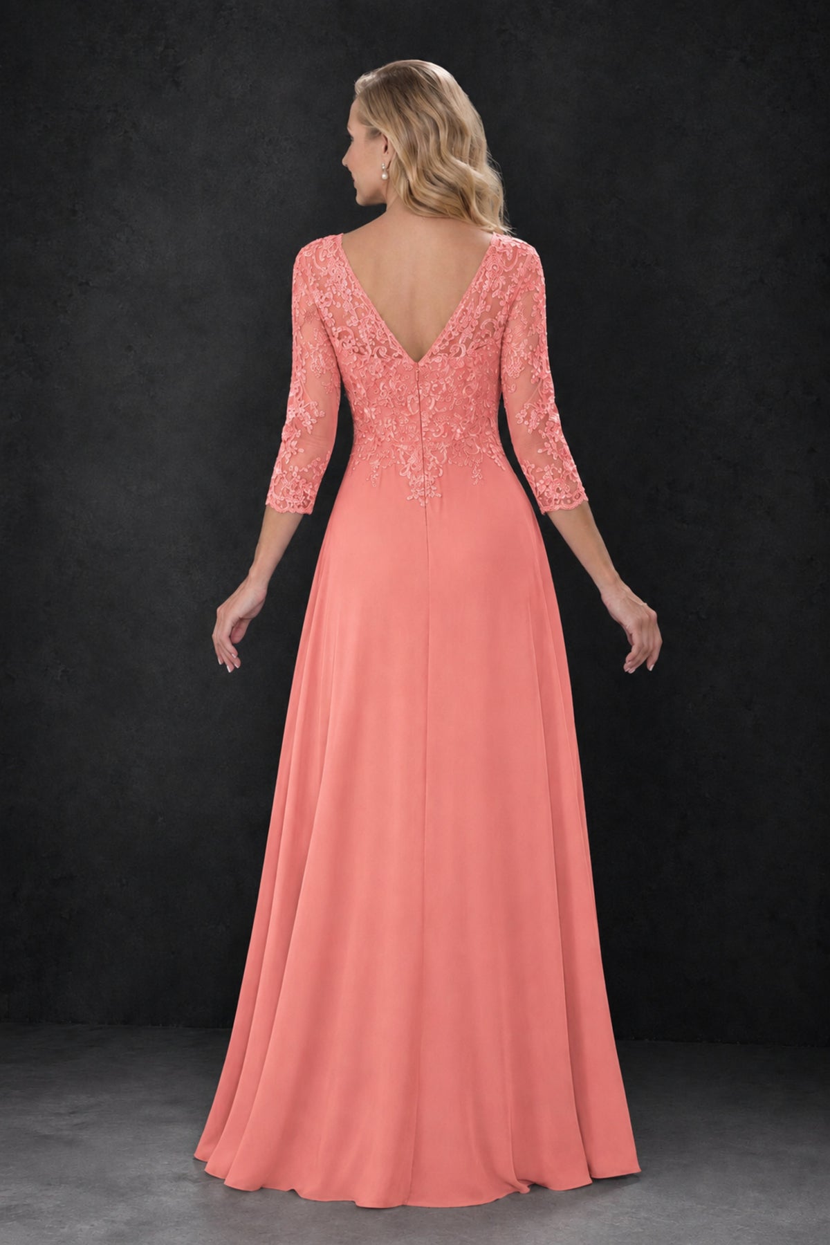 BOLODOO Coral Lace Embroidered Mother of the Bride Dress with 3/4 Sleeves - Coral