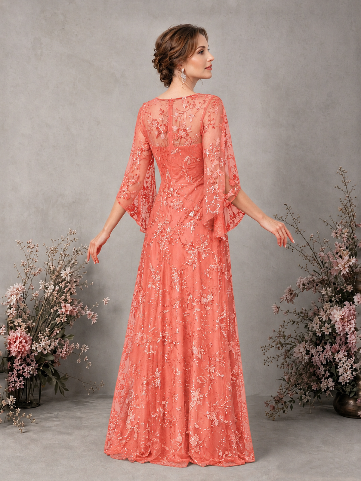 BOLODOO Coral Sequin Lace Cape Sleeve Formal Evening Gown - Coral - Coral_2