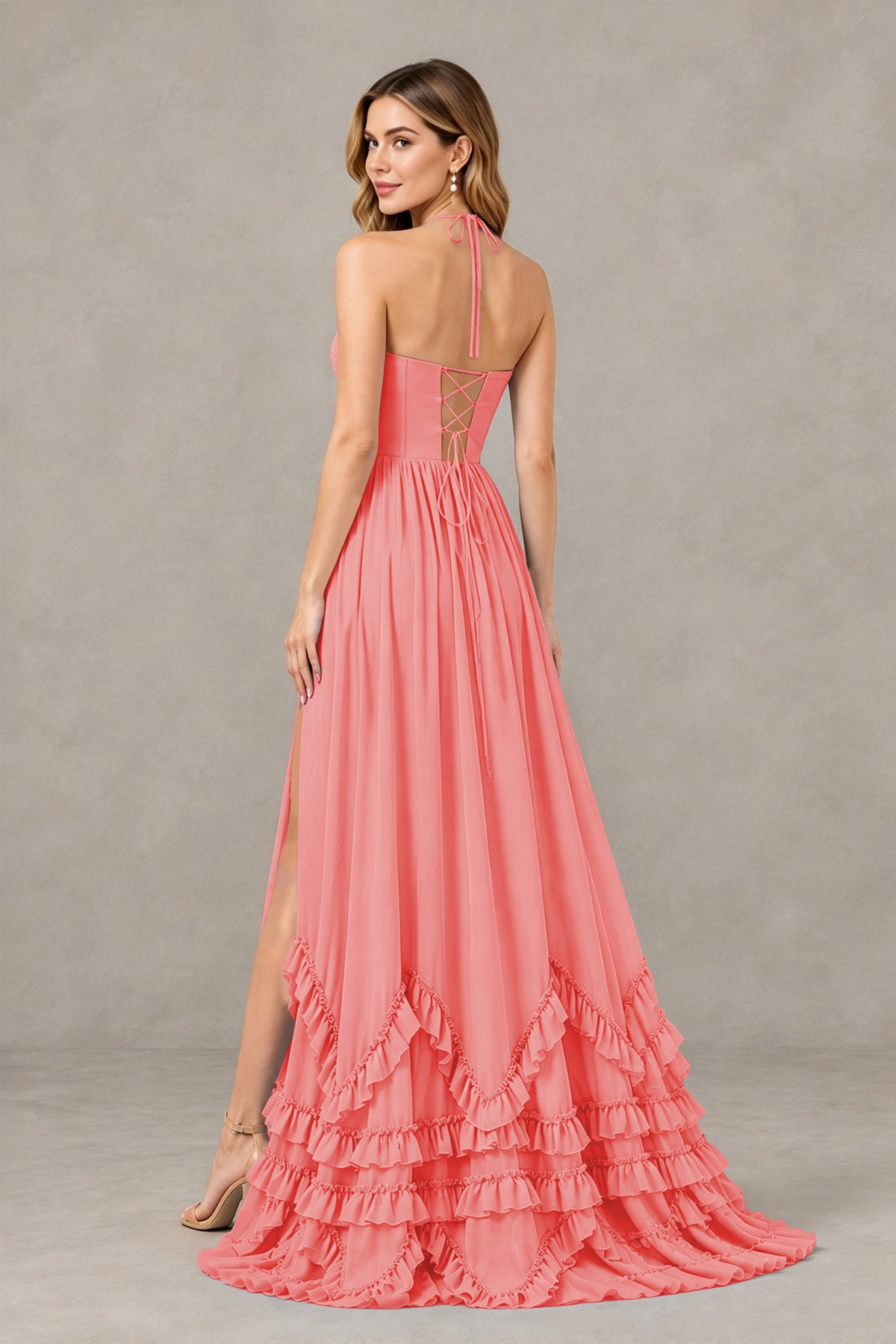 BOLODOO Coral Halter Ruffle Hem A-Line Bridesmaid Dress with High Slit - Coral - Coral(2)