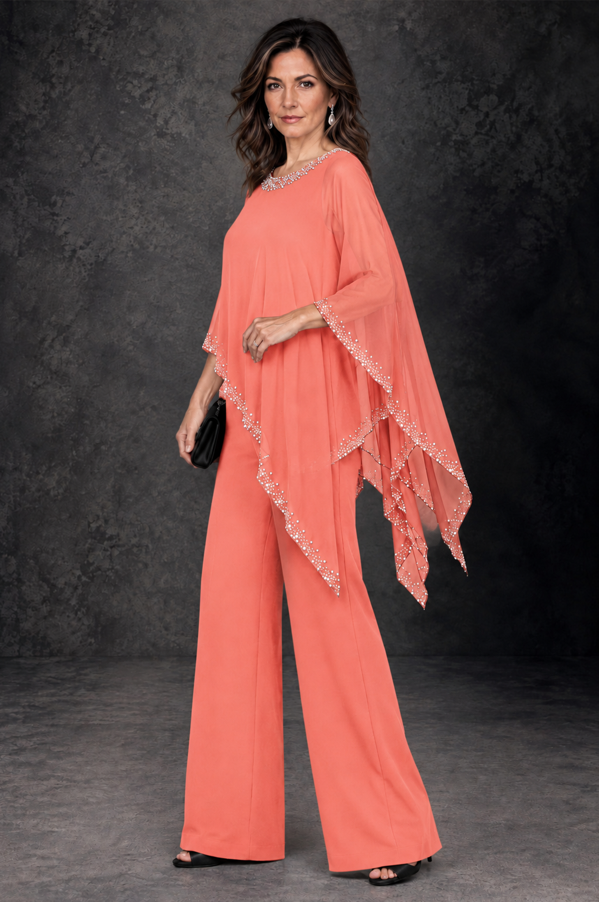 BOLODOO Coral Embellished Cape Mother of the Bride Pantsuit - Coral - Coral_2