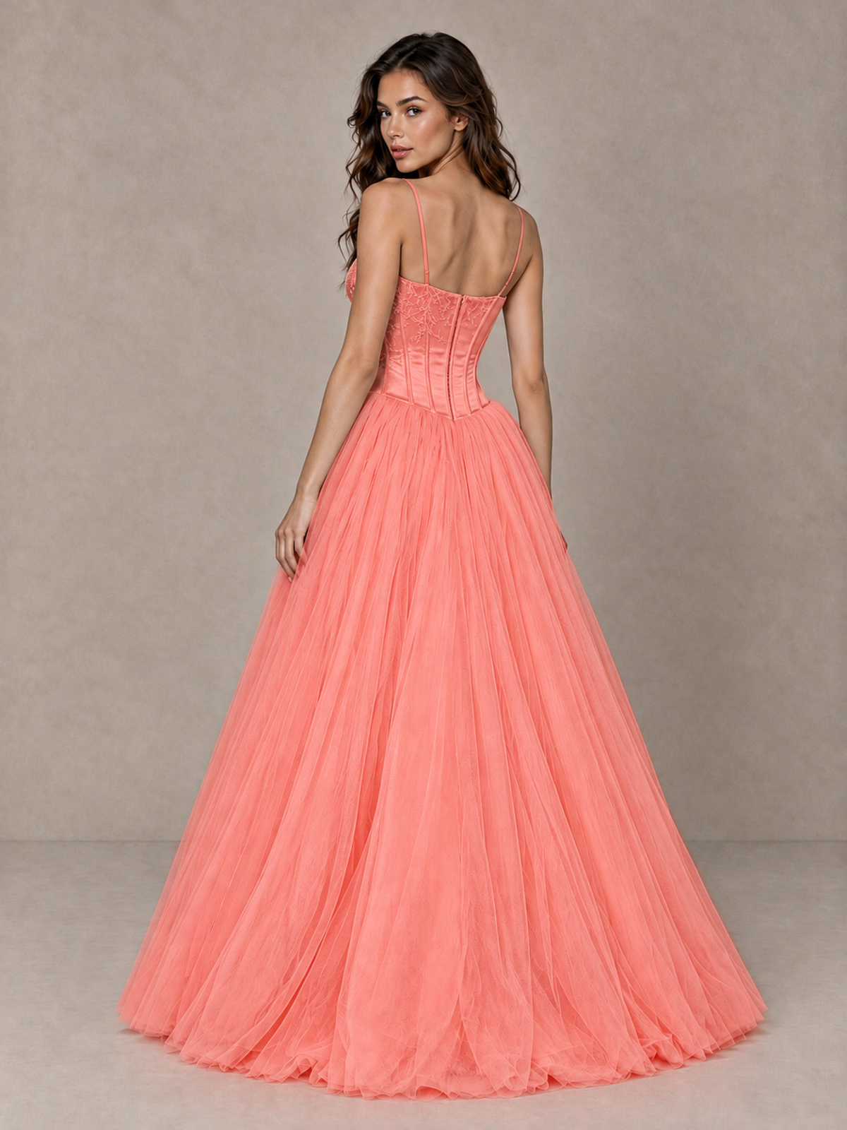 BOLODOO Coral Corset Tulle Prom Dress with Spaghetti Straps - Coral - Coral_2