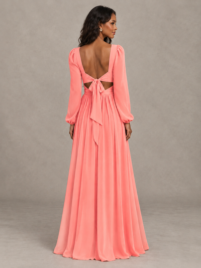 BOLODOO Coral V-Neck Long Sleeve Bridesmaid Dress with Tie Back and Slit - Coral - Coral_2