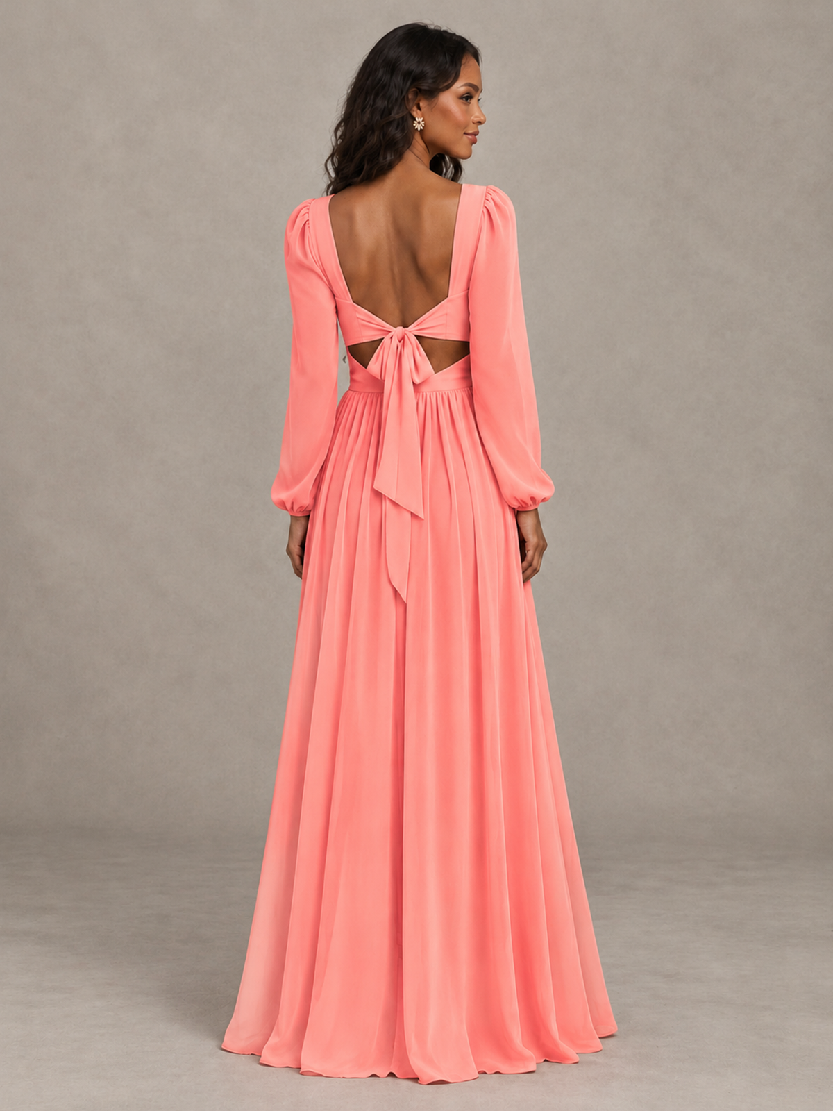 BOLODOO Coral V-Neck Long Sleeve Bridesmaid Dress with Tie Back and Slit - Coral - Coral_2
