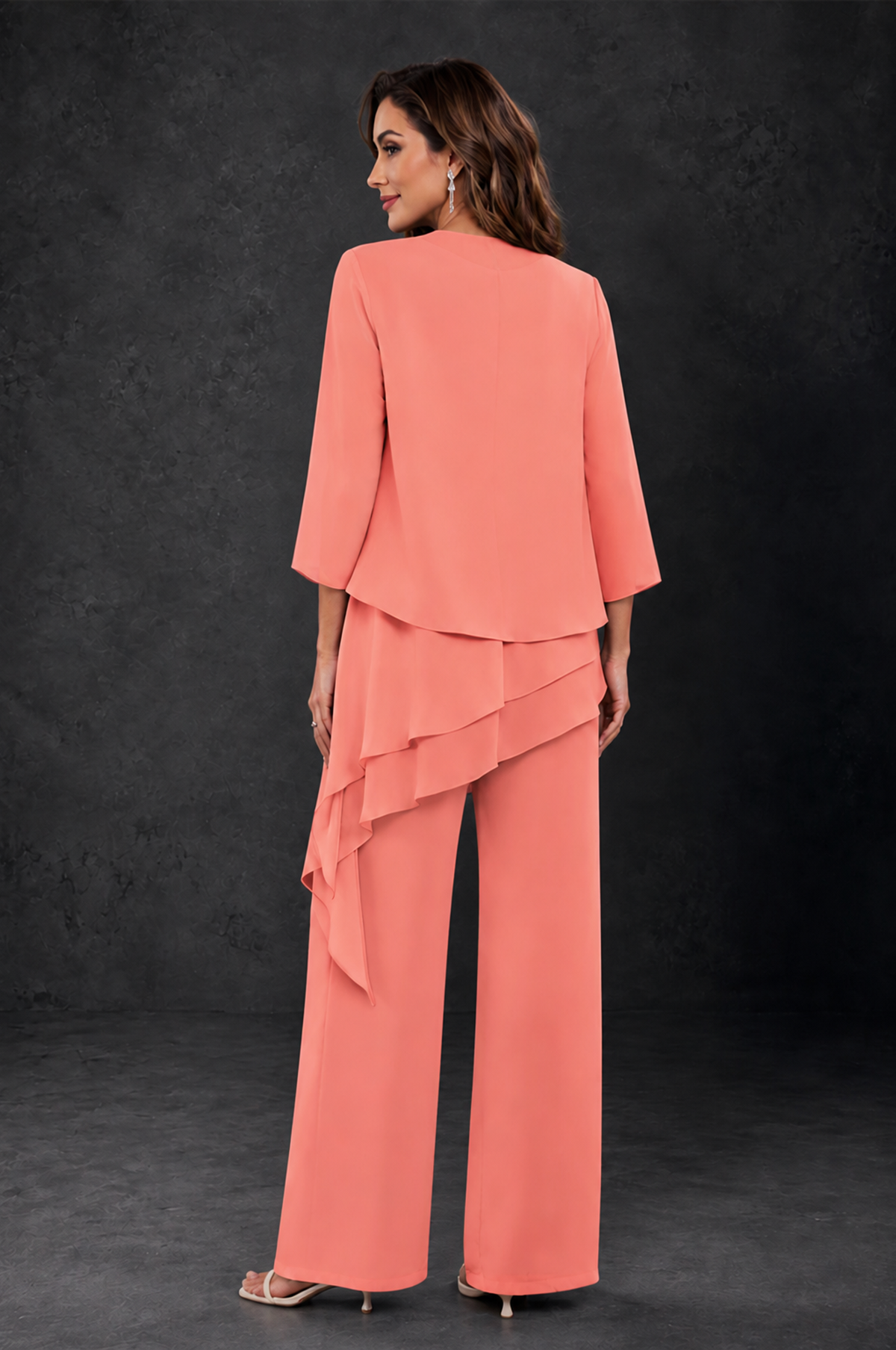 BOLODOO Coral Layered Mother of the Bride Pantsuit with Jacket - Coral - Coral_2