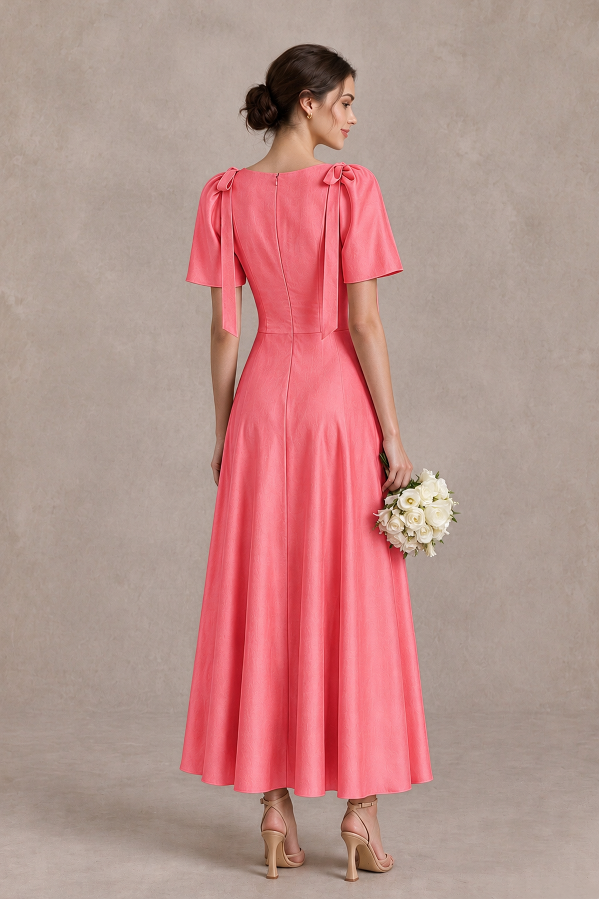 BOLODOO Coral V-Neck Short Sleeve Satin-Look Bridesmaid Dress with Shoulder Bows - Coral - Coral_2