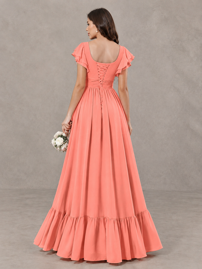 BOLODOO Coral Flutter Sleeve Bridesmaid Dress with Slit - Coral - Coral_2
