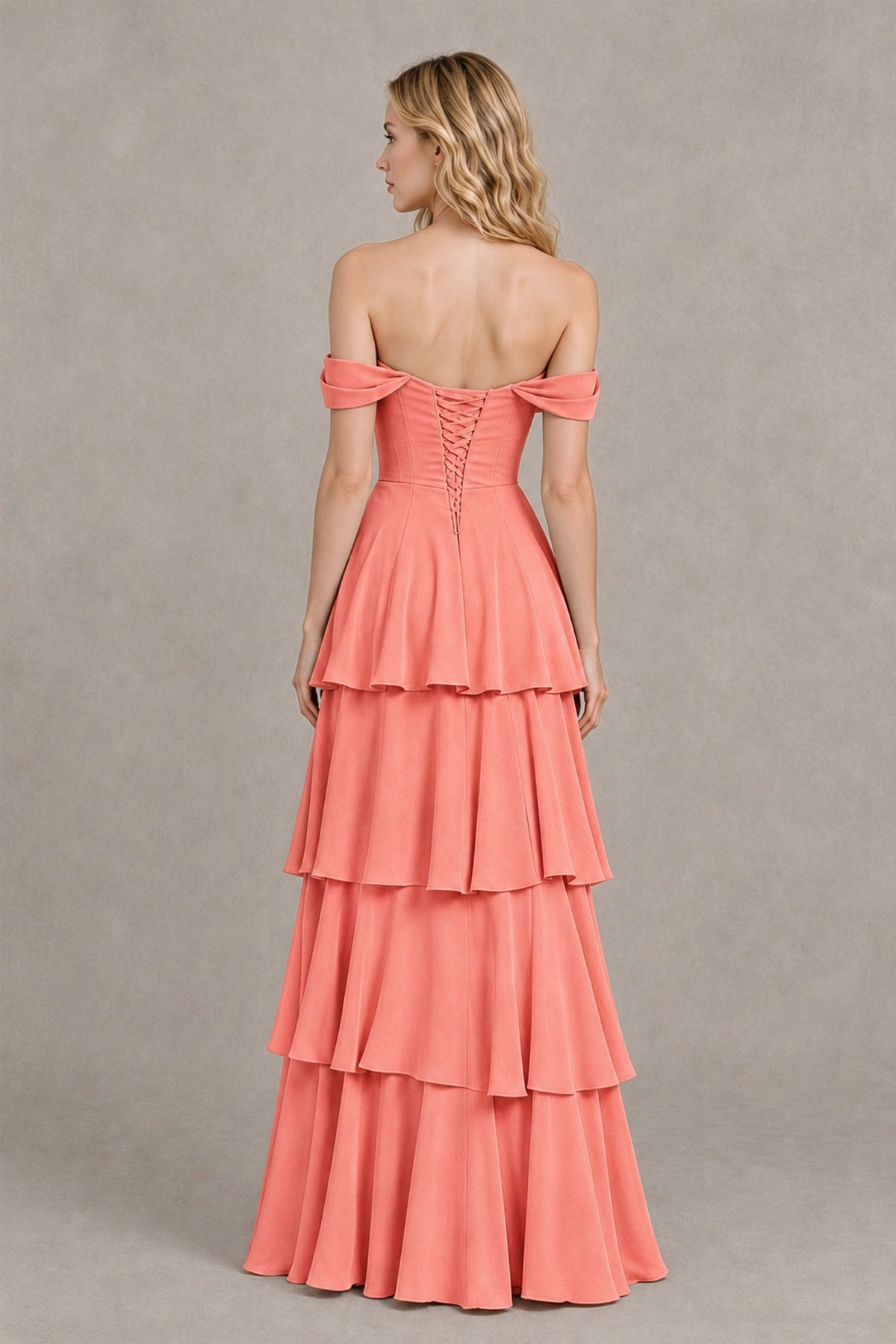 BOLODOO Coral Off-the-Shoulder Tiered A-Line Evening Bridesmaid Dress - Coral - Coral_2
