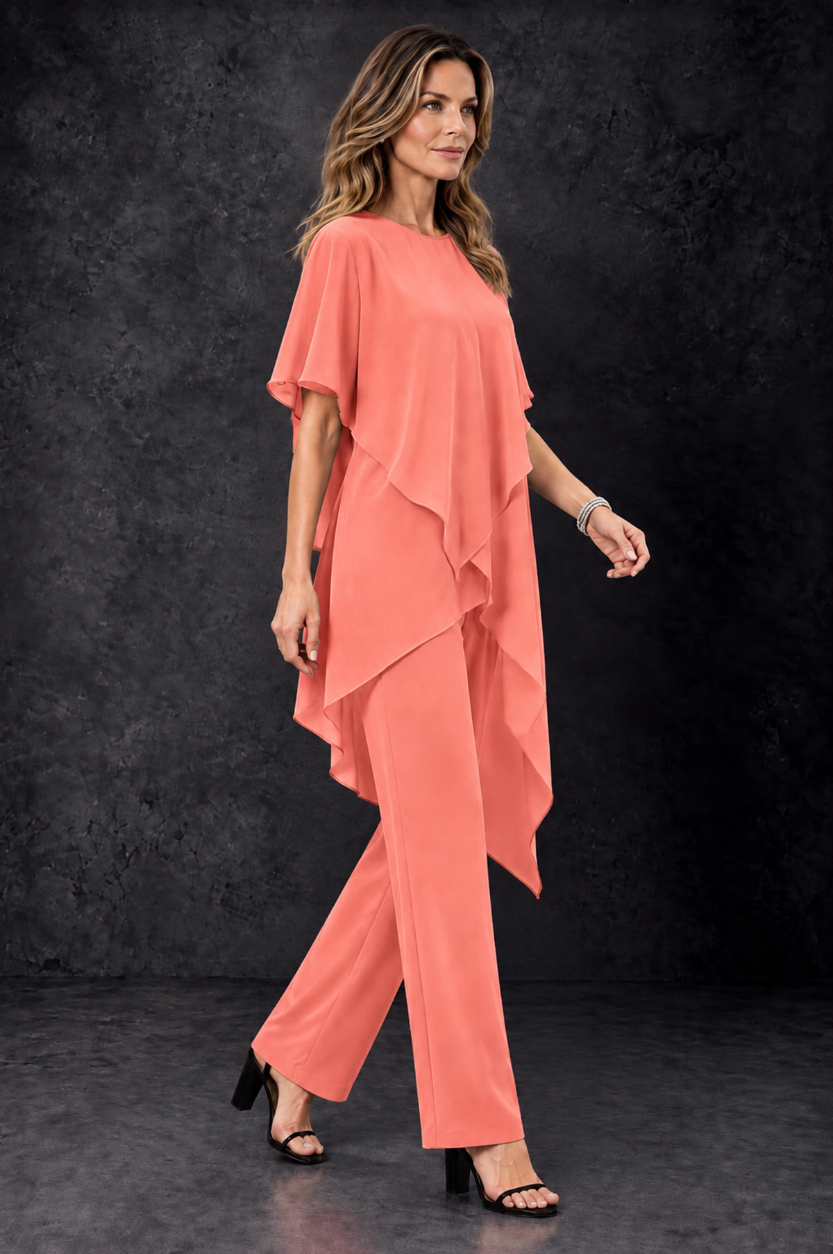 BOLODOO Coral Chiffon Two Piece Mother of the Bride Pant Suit - Coral - Coral_2