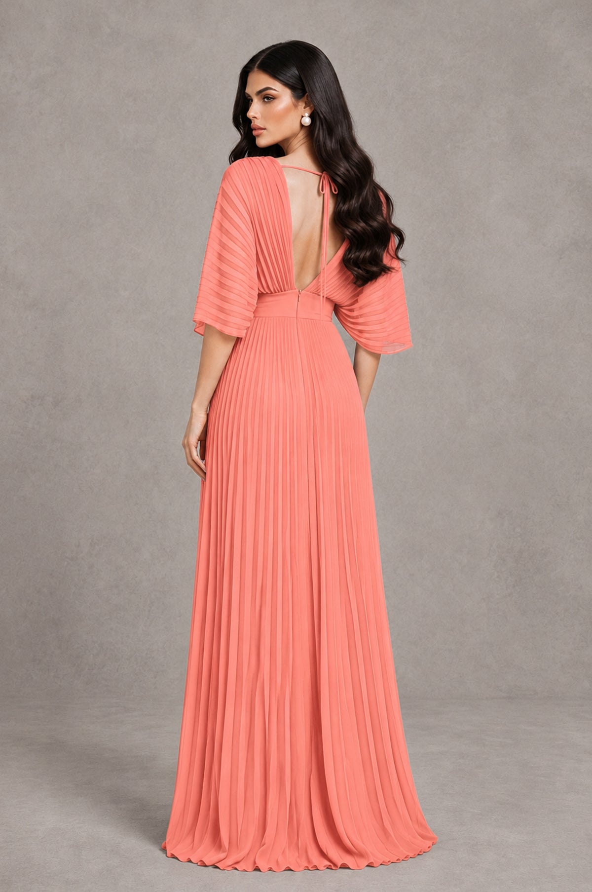 BOLODOO Coral V-Neck Pleated Flutter Sleeve Formal Dress - Coral - Coral_2