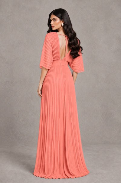 BOLODOO Coral V-Neck Pleated Flutter Sleeve Formal Dress - Coral - Coral_2