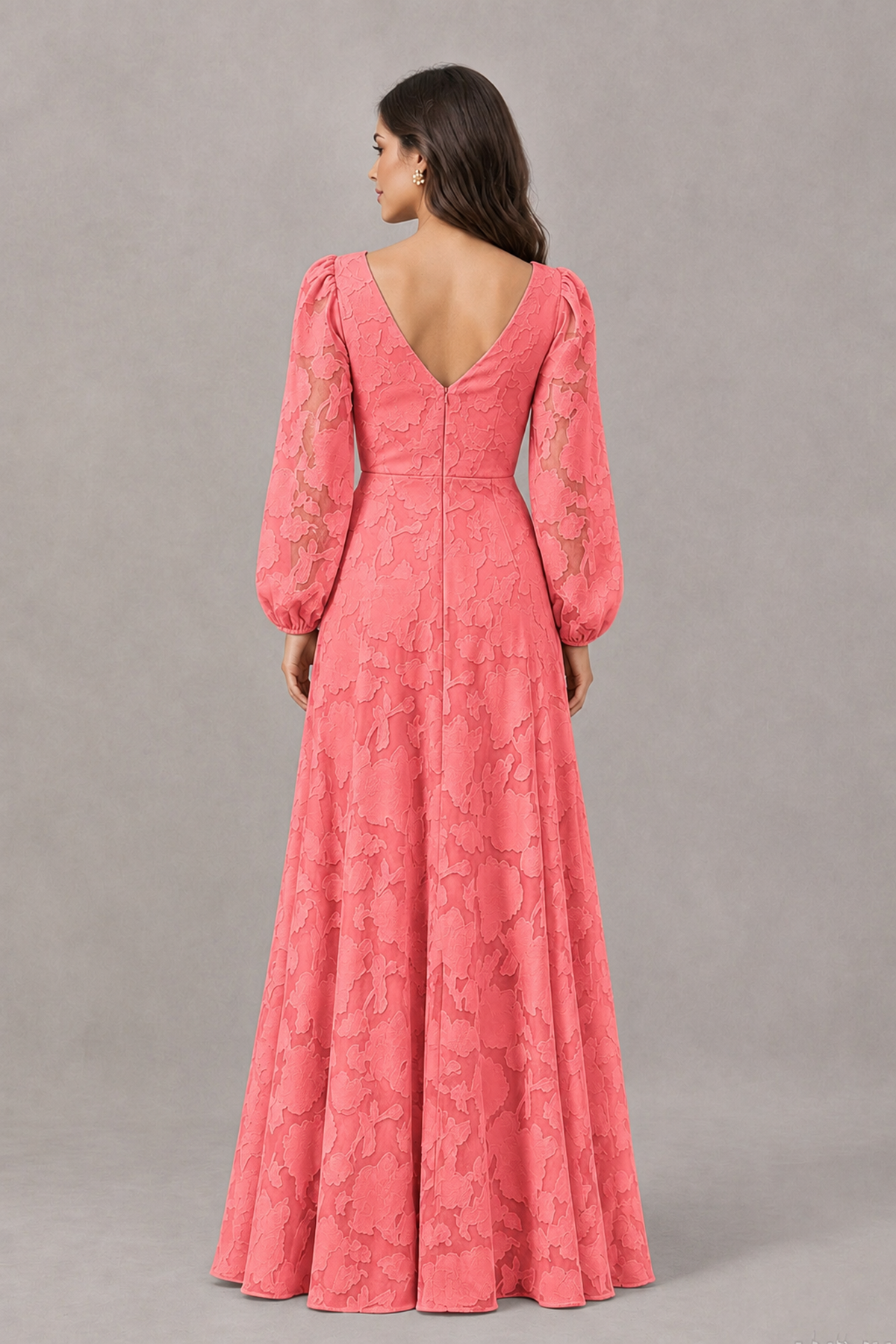 BOLODOO Coral Long Sleeve V-Neck A-Line Mother of the Bride Dress - Coral - Coral_2