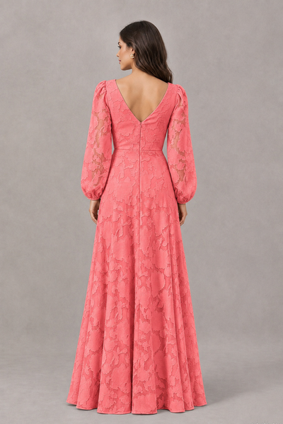 BOLODOO Coral Long Sleeve V-Neck A-Line Mother of the Bride Dress - Coral - Coral_2