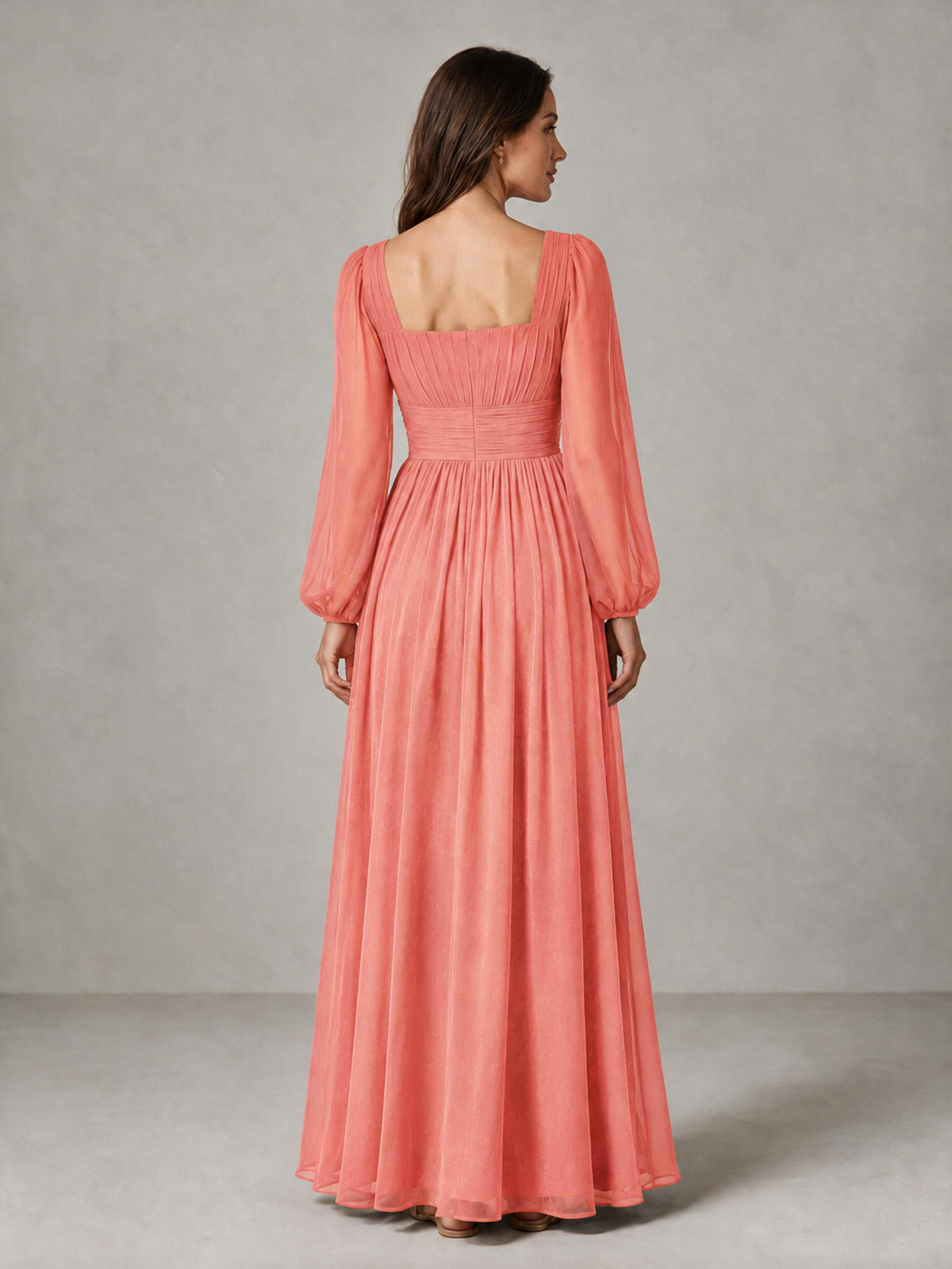 BOLODOO Coral Square Neck Long Sleeve Chiffon Bridesmaid Dress - Coral - Coral_2