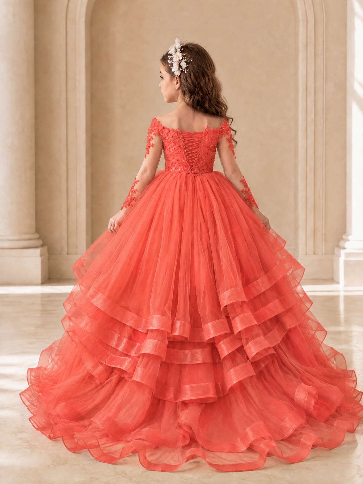 BOLODOO Coral Lace Long Sleeve Tiered Flower Girl Dress - Coral - Coral_2