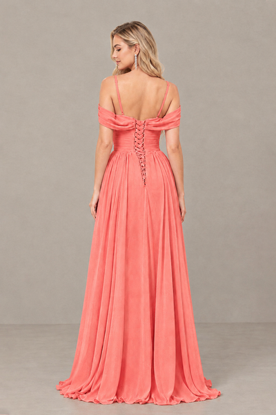 BOLODOO Coral Off-Shoulder Bridesmaid Dress with Slit - Coral