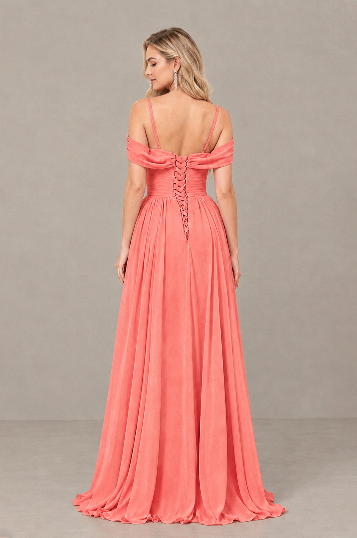 BOLODOO Coral Off-Shoulder Bridesmaid Dress with Slit - Coral