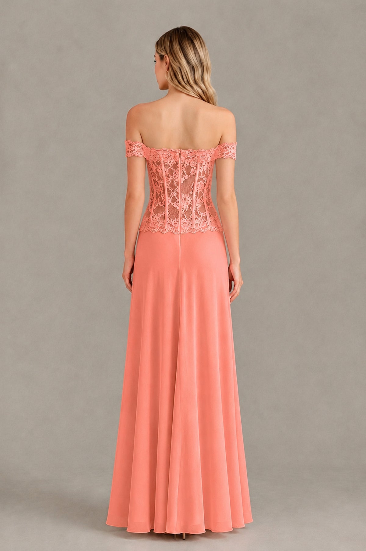 BOLODOO Coral Off Shoulder Lace Corset Wedding Guest Dress - Coral - Coral_2