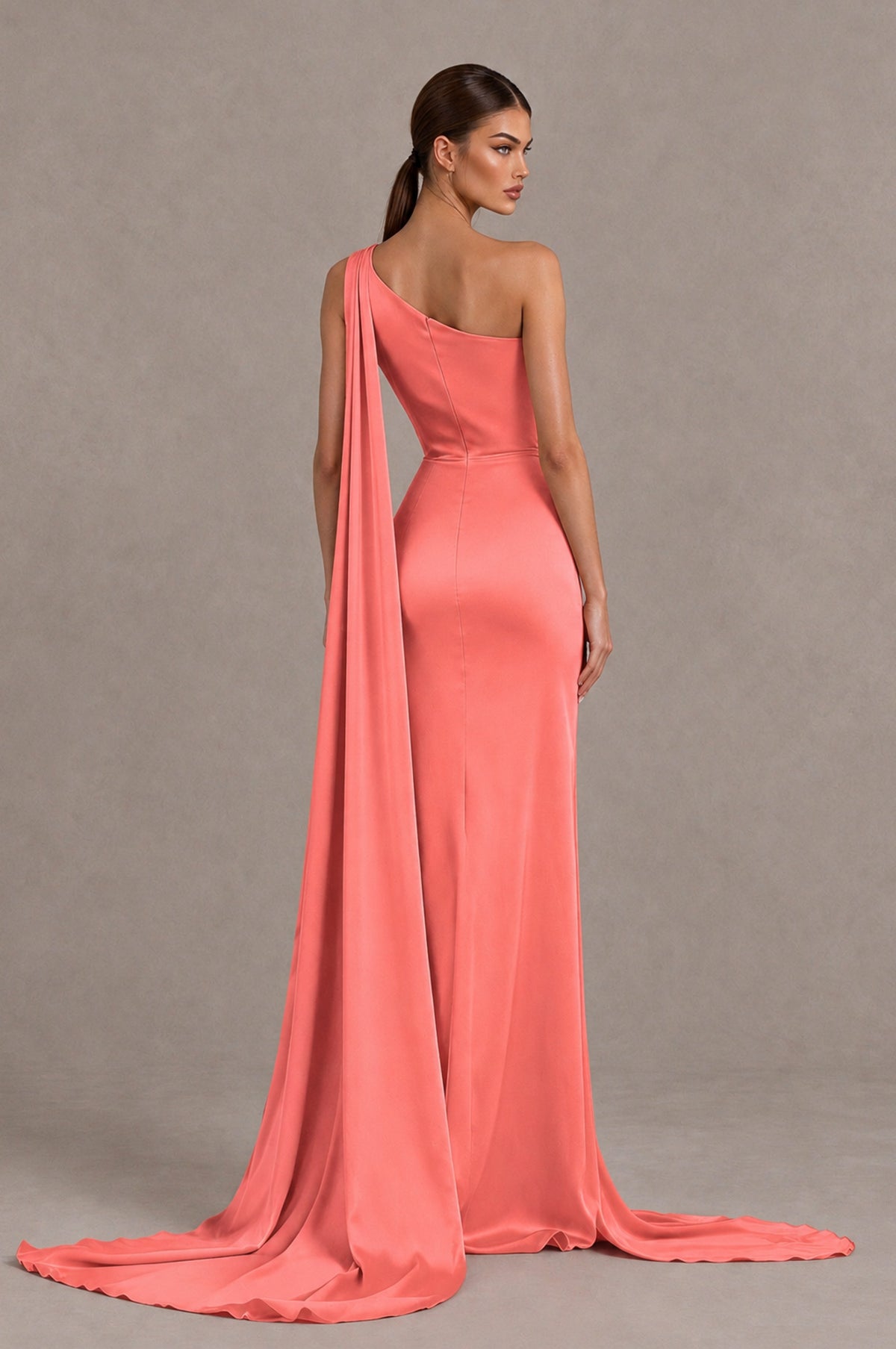 BOLODOO Coral One Shoulder Satin Evening Dress with High Slit and Draped Cape Train - Coral - Coral_2