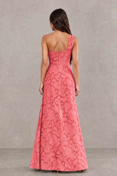 BOLODOO Coral One-Shoulder Floral Textured Maxi Dress with High Slit - Coral - Coral_2