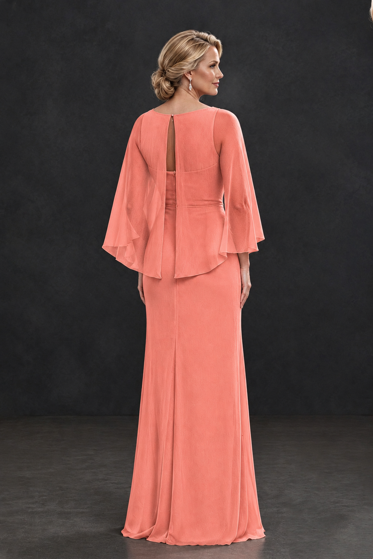 BOLODOO Coral Cape Sleeve Mother of the Bride Dress with Ruched Waist - Coral - Coral_2