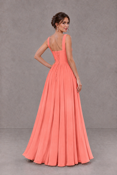 BOLODOO Coral Square Neck A-Line Bridesmaid Dress with Slit - Coral - Coral_2