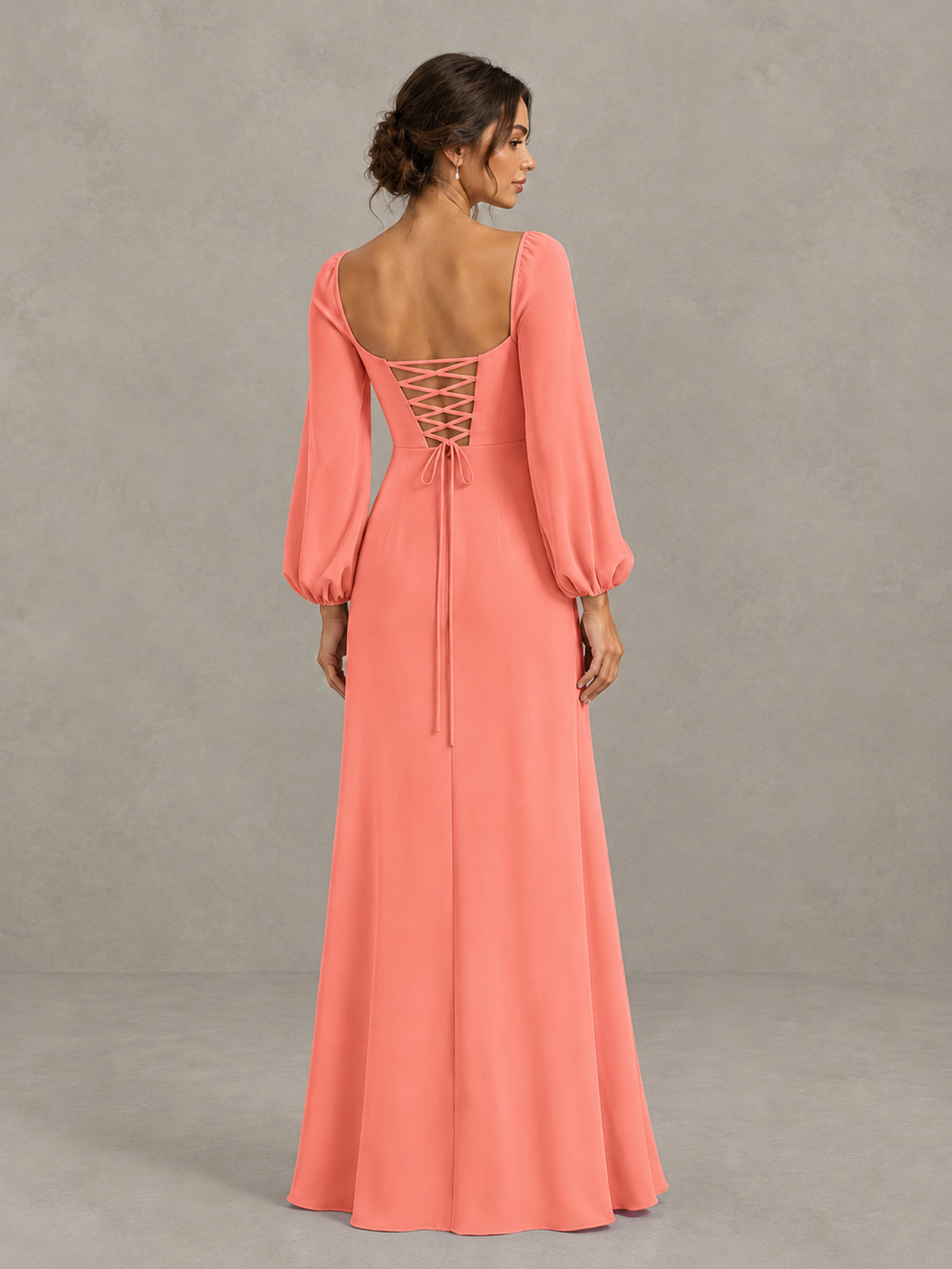 BOLODOO Coral Square Neck Long Sleeve Bridesmaid Dress with High Slit - Coral - Coral_2