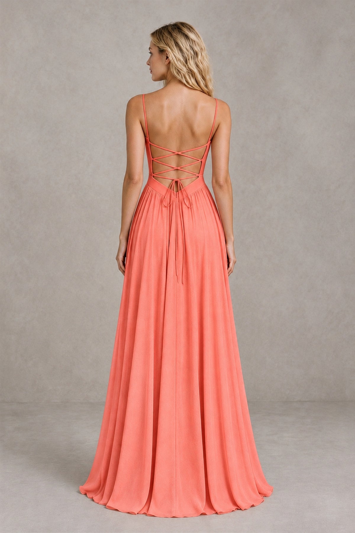 BOLODOO Coral Spaghetti Strap A-Line Bridesmaid Dress with Slit - Coral - Coral_2
