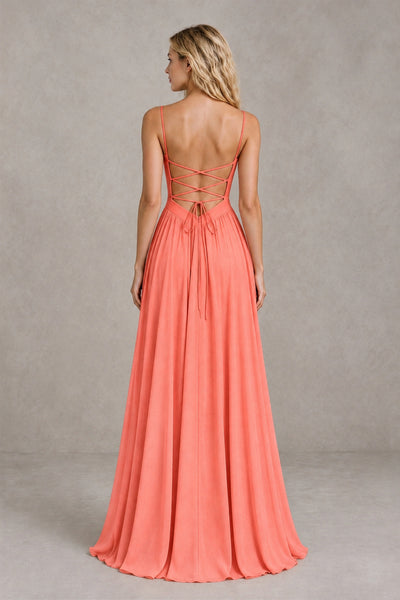 BOLODOO Coral Spaghetti Strap A-Line Bridesmaid Dress with Slit - Coral - Coral_2