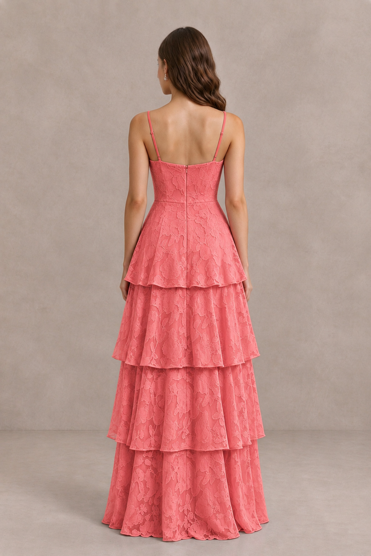 BOLODOO Coral Tiered Floral-Textured Spaghetti Strap Maxi Dress - Coral - Coral_2
