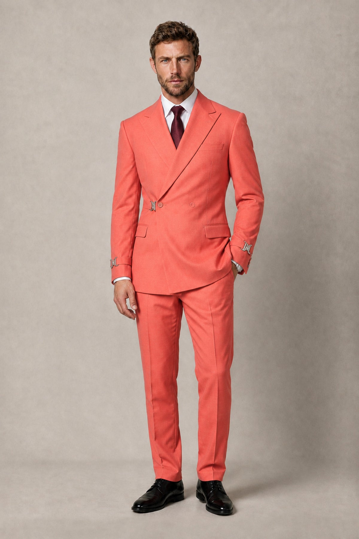BOLODOO Men's Coral Double-Breasted 2-Piece Suit Set – Blazer & Tailored Trousers - Coral