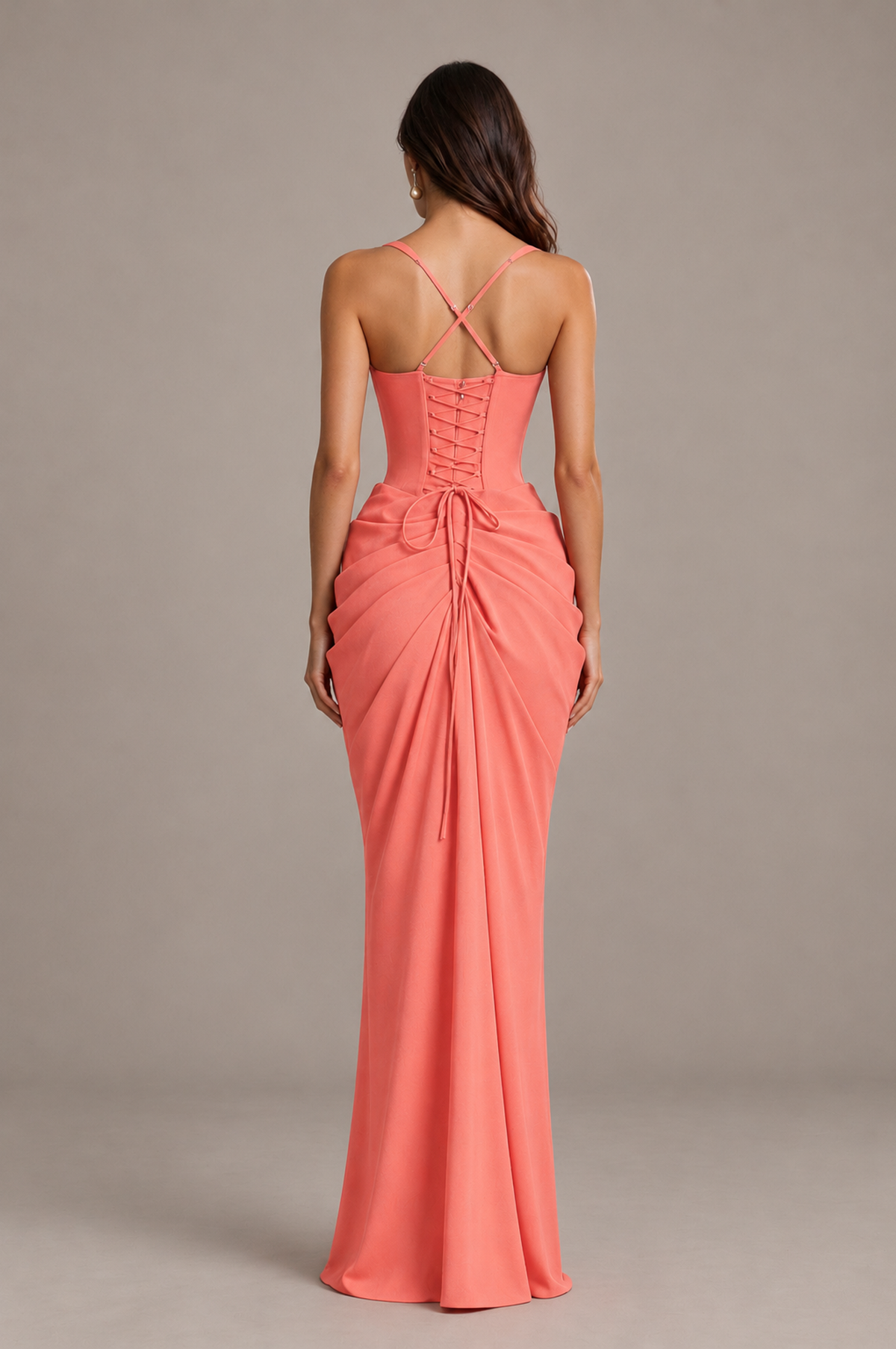 BOLODOO Coral Sweetheart Ruched Lace-Up Back Evening Gown - Coral - Coral_2