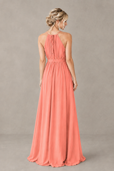 BOLODOO Coral Halter Chiffon Bridesmaid Dress with High Slit - Coral