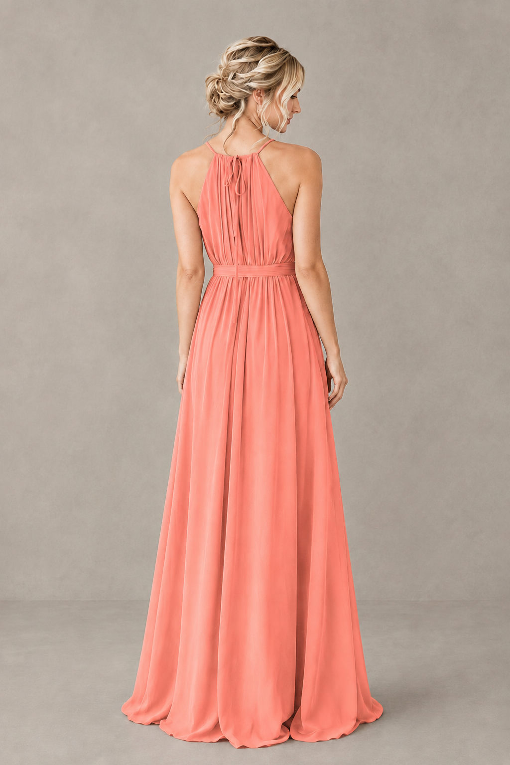 BOLODOO Coral Halter Chiffon Bridesmaid Dress with High Slit - Coral