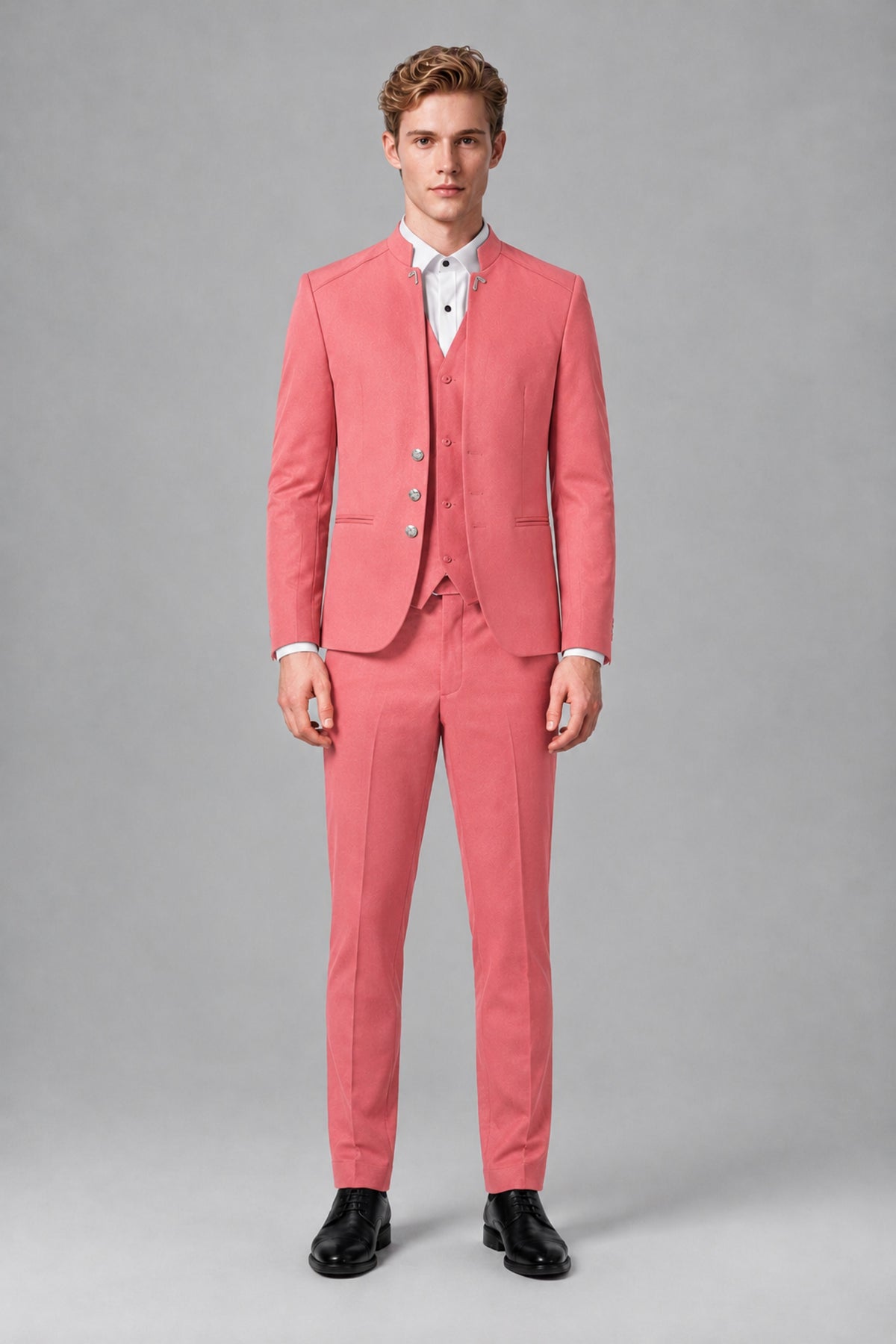 Bolodoo Men's Coral Mandarin Collar 3-Piece Suit – Jacket, Vest & Trousers - Coral - Coral_2